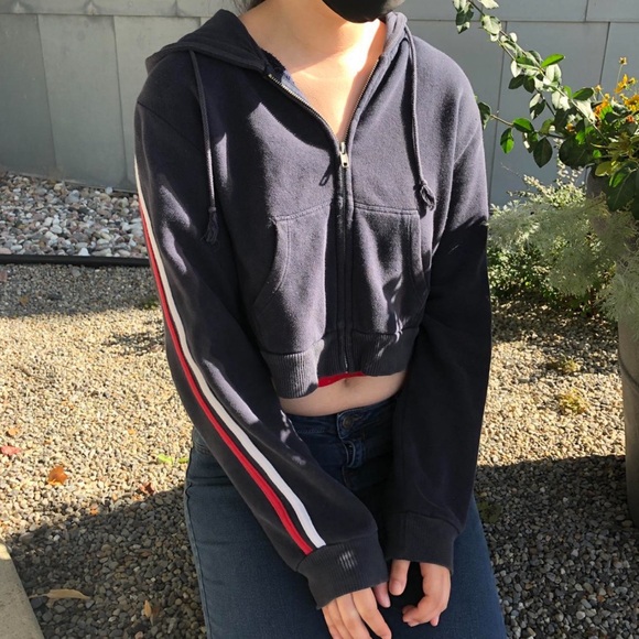 Brandy Melville Navy Blue Cropped Zip-up Hoodie w/ stripes on sleeves - Picture 3 of 10
